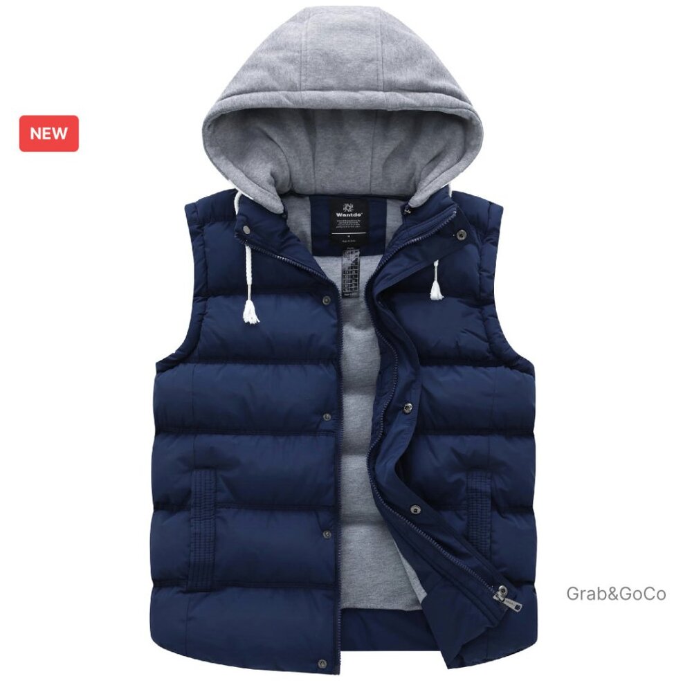 Men's Thick Winter Vest Water-Resistant Puffer Jacket Removable Hood